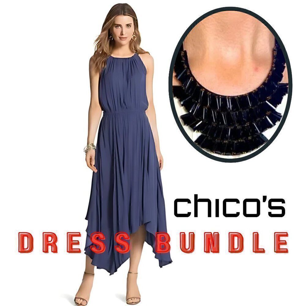 NWOT Chico's Periwinkle Blue Whitney Halter Casual Maxi Dress + Necklace Bundle